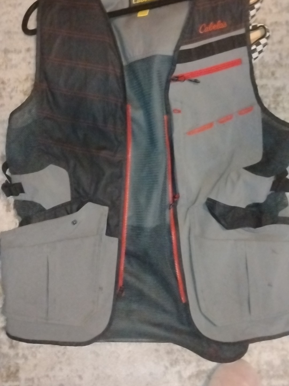 Cabela's Grey and Black Fishing Vest with Red Accents